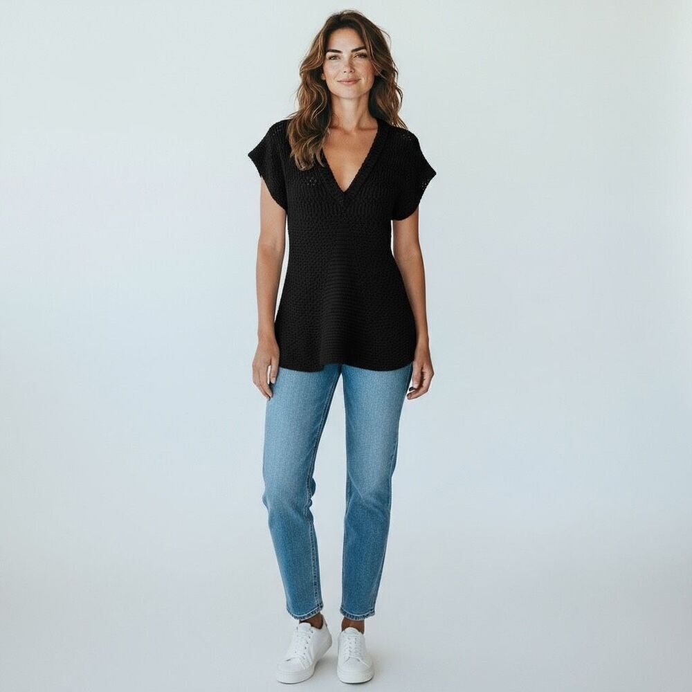 Calvin Klein Jeans Solid Black Loose Knit Short Sleeve V Neck Cotton Blouse L
